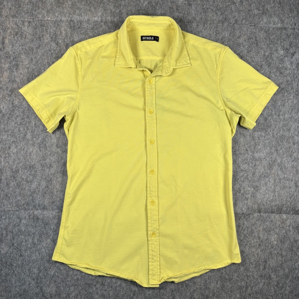 St33le Shirt Mens Small Button Up Yellow Short‎ Sleeve Stretch Steele